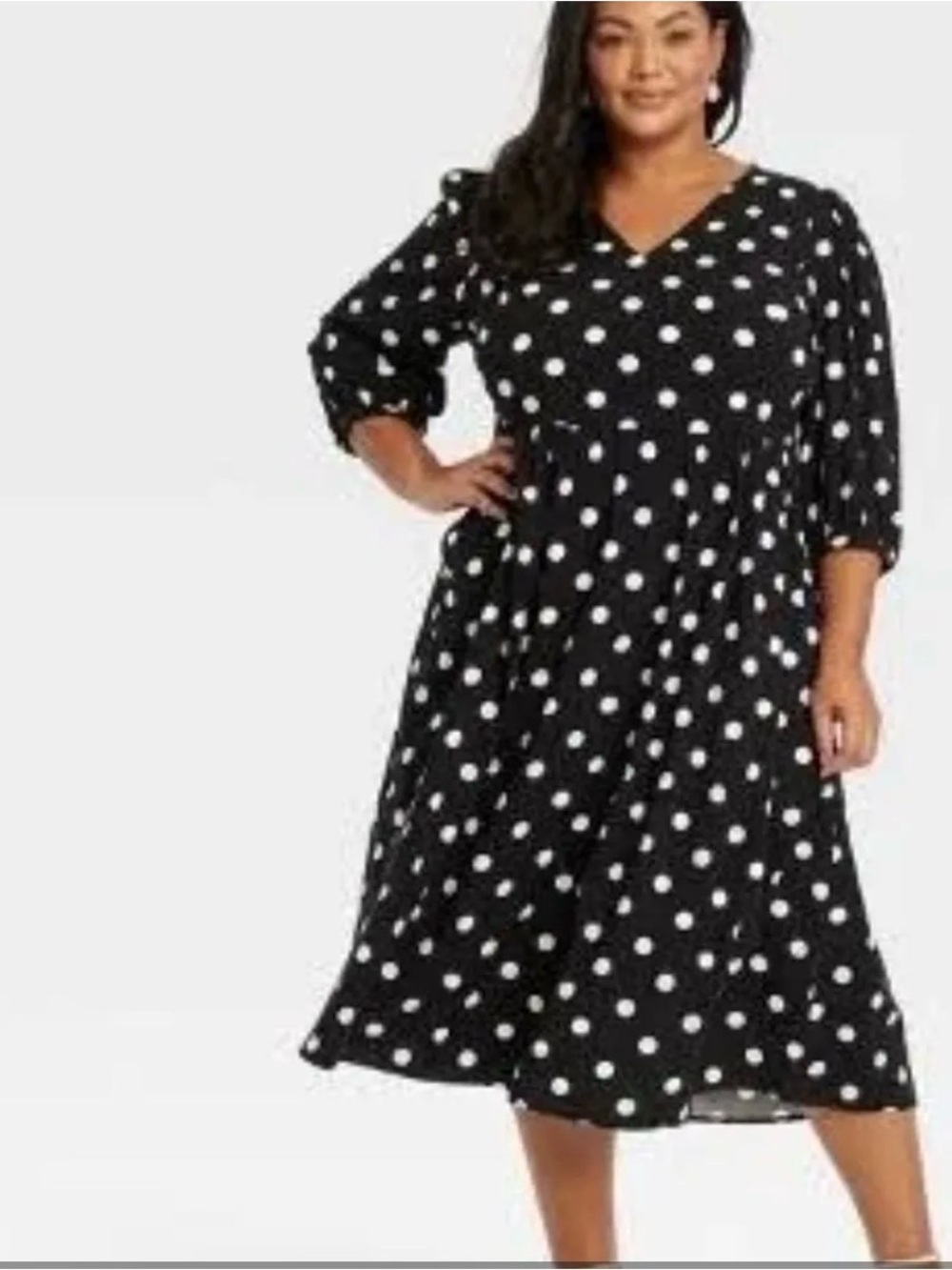 Ava & Viv Black and White Polka Dot V-Neck sheer Midi Dress